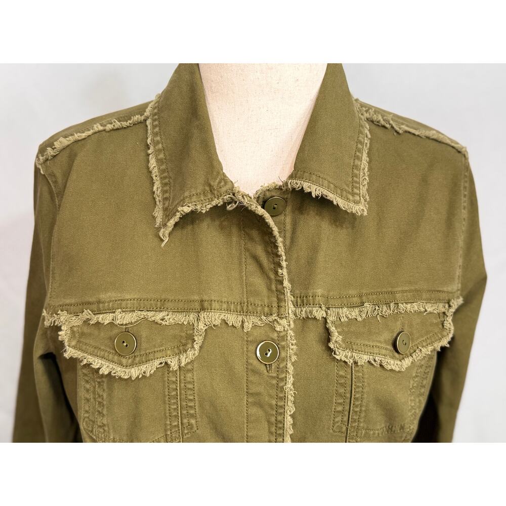 Habitat olive green denim jacket frayed edge cotton stretch pockets fall Sz M - Picture 2 of 9